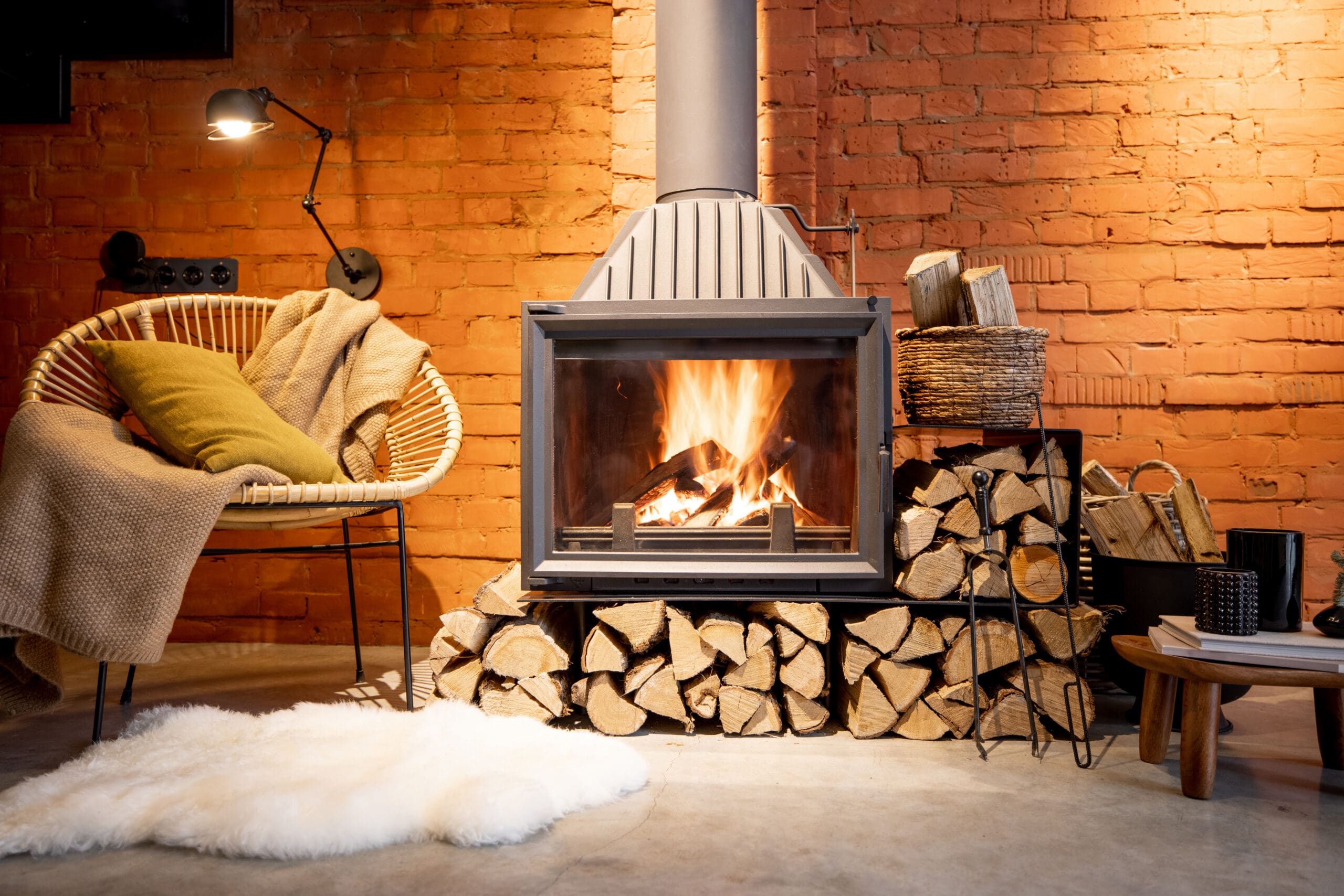 Cozy room with a lit fireplace against a brick wall, surrounded by stacked firewood. A wicker chair with a beige blanket and green pillow sits nearby, along with a fluffy white rug and a small table with a black cup and books. A lamp is illuminated.