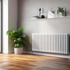 A modern living room with a wooden floor, featuring a large window showing a garden. A white radiator is mounted on a gray wall beneath a floating shelf with decor, and a potted plant is placed nearby. Sunlight softly illuminates the space.