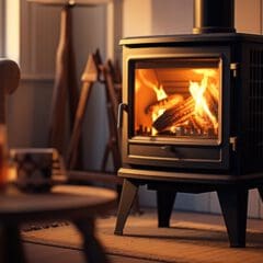 A cozy living room features a wood-burning stove with a bright, warm fire inside. The room is softly lit with candles on a nearby table and a chair with a blanket draped over it. A plant is partially visible on the right.