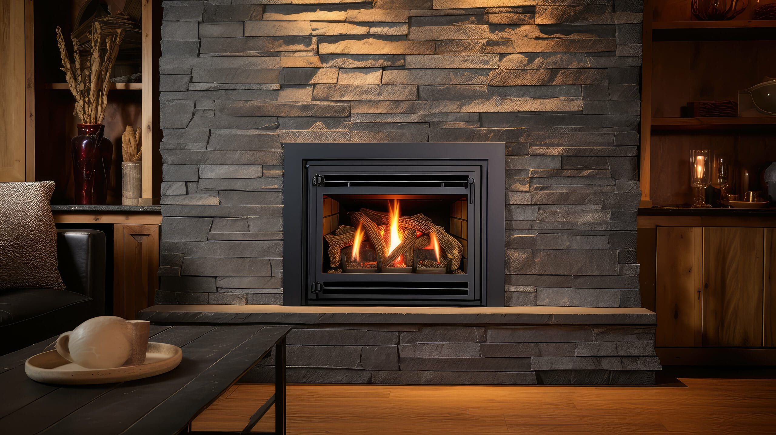 A cozy living room features a modern stone fireplace with a warm fire burning inside. A wooden mantle holds decorative items, and nearby, a table with white ceramics adds to the inviting atmosphere.