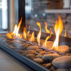 A modern gas fireplace with dancing orange flames on smooth gray stones, enclosed by glass. The setting has a cozy ambiance with blurred elements in the background.