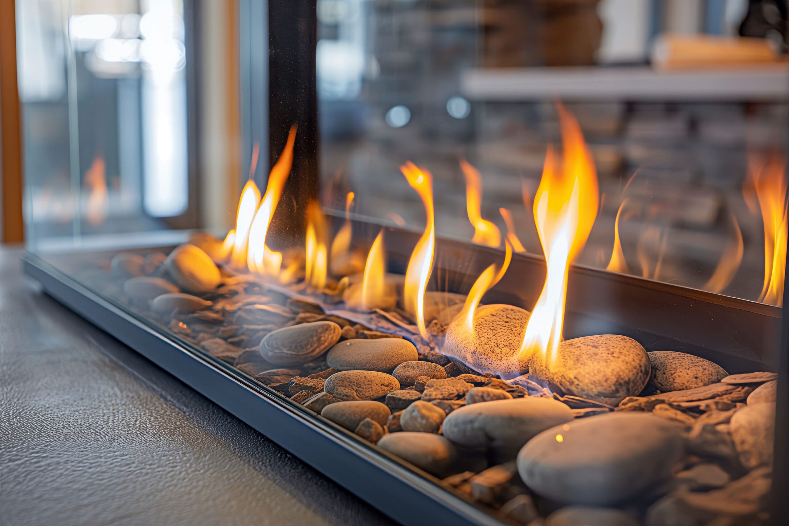 A modern gas fireplace with dancing orange flames on smooth gray stones, enclosed by glass. The setting has a cozy ambiance with blurred elements in the background.