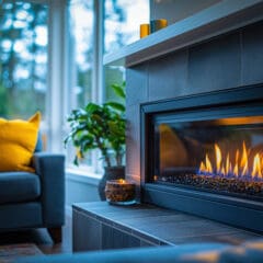 A cozy living room featuring a modern gas fireplace with glowing flames. A dark gray sofa with bright yellow pillows is visible nearby. A potted plant is in the corner near large windows that let in natural light.