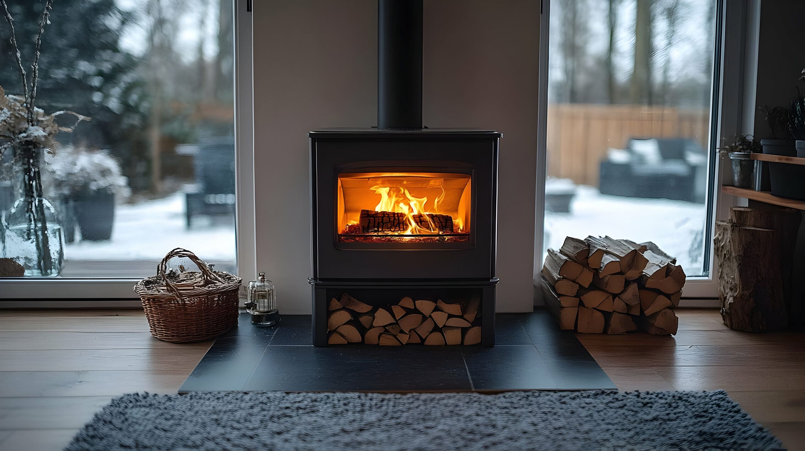 A cozy indoor scene featuring a wood-burning stove, warmly lit with a fire inside. Logs are stacked neatly on either side, with a wicker basket on the left. Snow-covered backyard is visible through large windows, enhancing the winter ambiance.