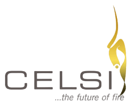 Logo of "CELSI" with a stylized yellow flame graphic on the right and the tagline "..the future of fire" below in gray text.