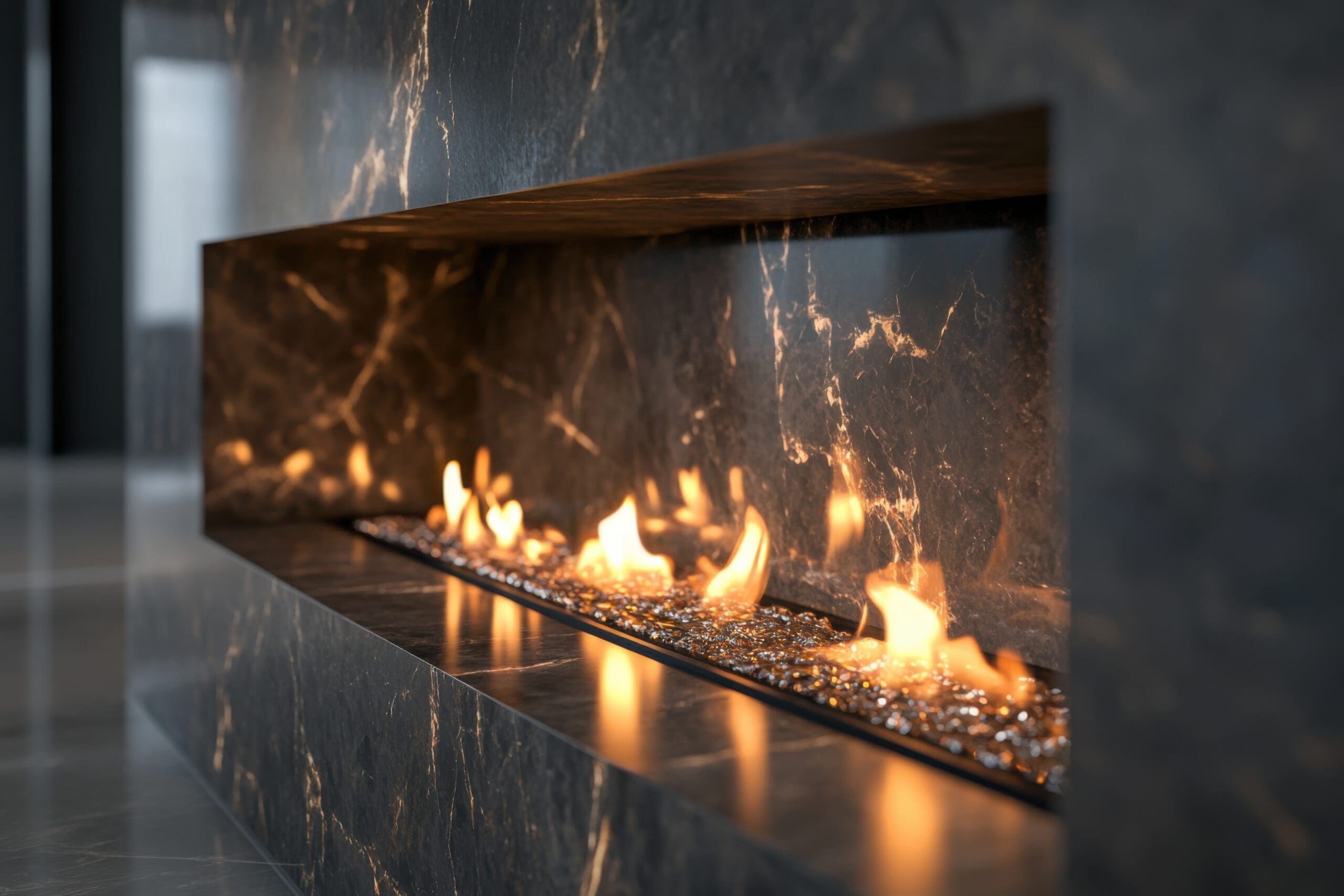 A modern, rectangular fireplace with a sleek, dark marble finish. Flames flicker over glass pebbles, casting a warm glow. The fireplace is built into a wall, adding a contemporary touch to the space.