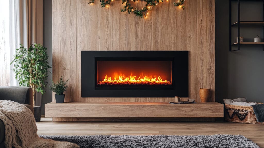 A modern living room features a sleek black-framed fireplace with vibrant flames against a wooden accent wall. Above the fireplace is greenery with small lights. A plant and decorative items are on the shelf, and a cozy rug is on the floor.