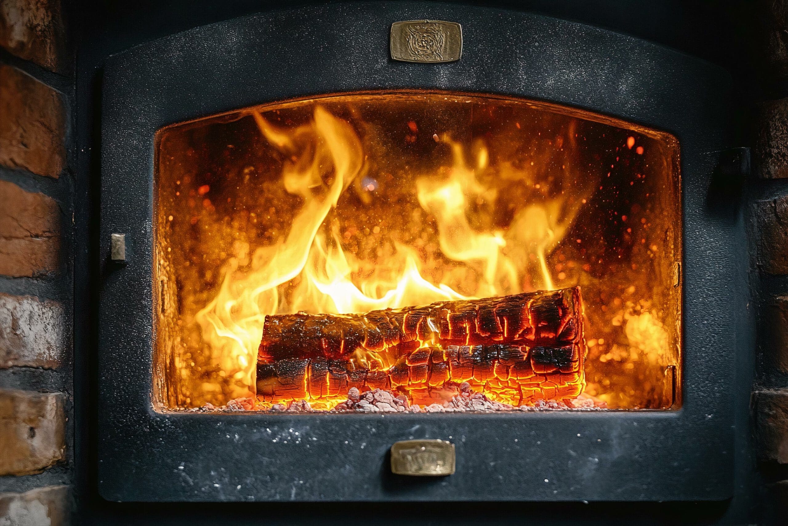 A flaming log burning inside a black, metal-framed brick oven. The fire radiates a warm, bright glow, illuminating the charred wood and ash beneath. The oven's edges are slightly worn, adding a rustic charm to the scene.