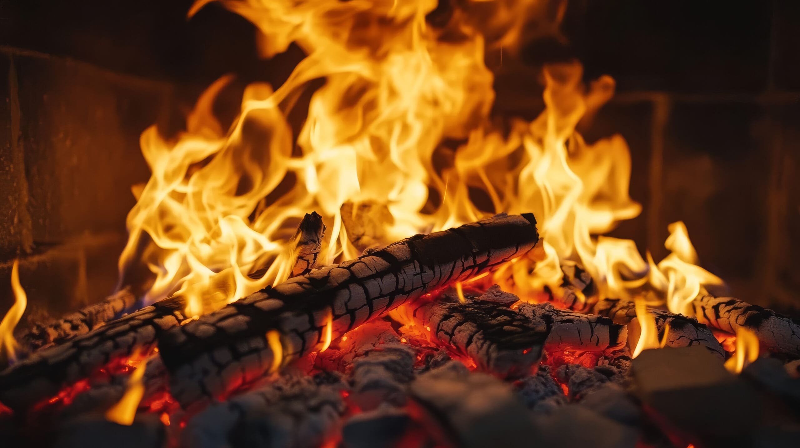 A close-up of a fireplace with brightly burning orange flames engulfing charred wood logs. Glowing embers are visible beneath the logs, creating a warm and cozy atmosphere.