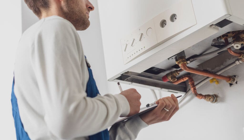 A person wearing overalls is inspecting a wall-mounted boiler. They hold a clipboard and pen while examining the exposed pipes and controls of the appliance.