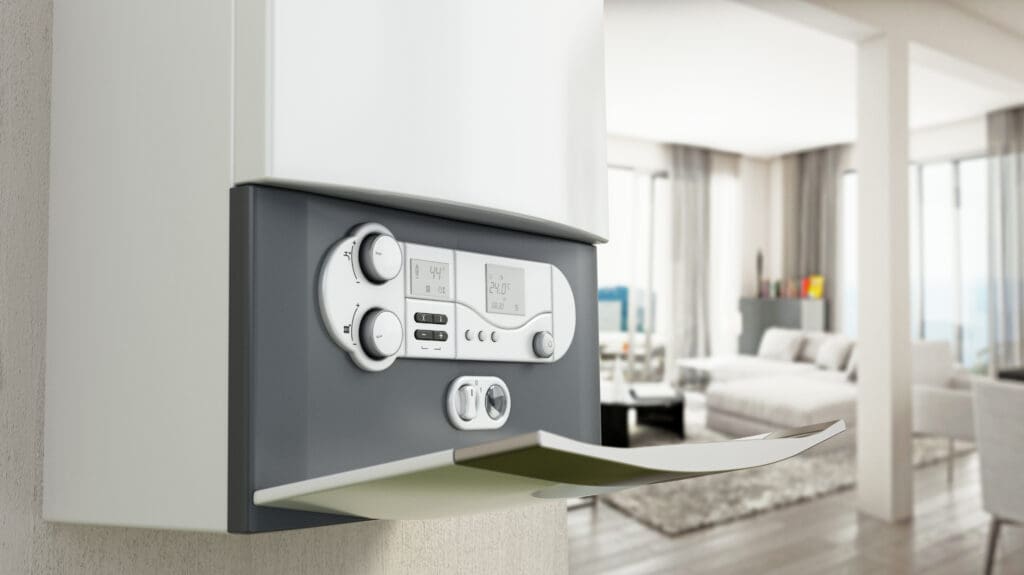 Close-up of a modern home boiler with a control panel featuring dials and buttons, mounted on a wall in a bright, contemporary living room with large windows and neutral-colored furniture in the background.