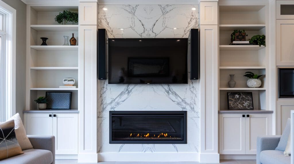 Modern living room with a wall-mounted TV above a sleek electric fireplace set in a marble facade. White built-in shelves and cabinets surround the area, displaying decorative objects and plants. Cozy gray sofas flank the fireplace.