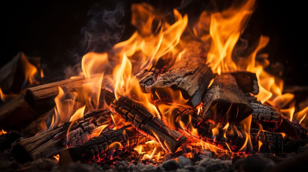 A close-up of a campfire with vibrant orange and yellow flames engulfing wooden logs. The embers glow beneath, surrounded by ash, creating a warm and lively atmosphere against a dark background.