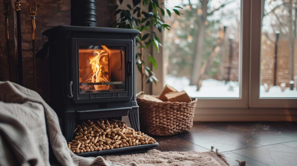 A cozy room with a wood-burning stove, flames visible through the glass door. A tray of wood pellets is under the stove. A woven basket with logs is nearby. Snowy scenery is visible through large windows, and a soft blanket lies on the floor.