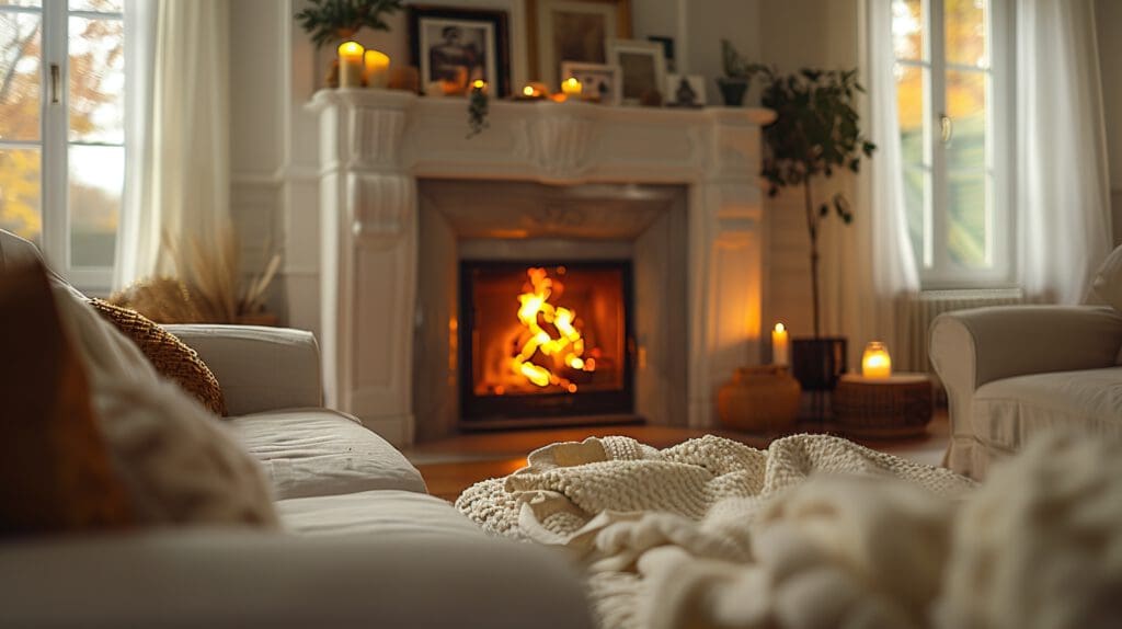 Cozy living room with a roaring fireplace. Soft blankets drape over a couch, and candles flicker on the mantelpiece. Framed photos and a plant enhance the warm, inviting atmosphere, with natural light filtering through the windows.