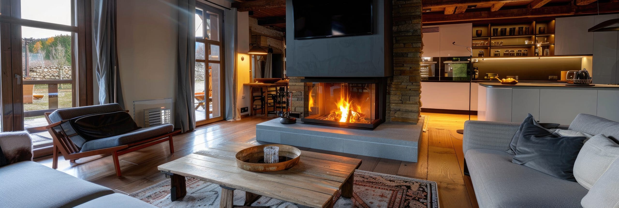 Cozy living room with a modern fireplace surrounded by stone, a wooden coffee table, and comfortable seating. Large windows offer a view of a patio and greenery. The open kitchen is visible in the background, with a warm, inviting atmosphere.