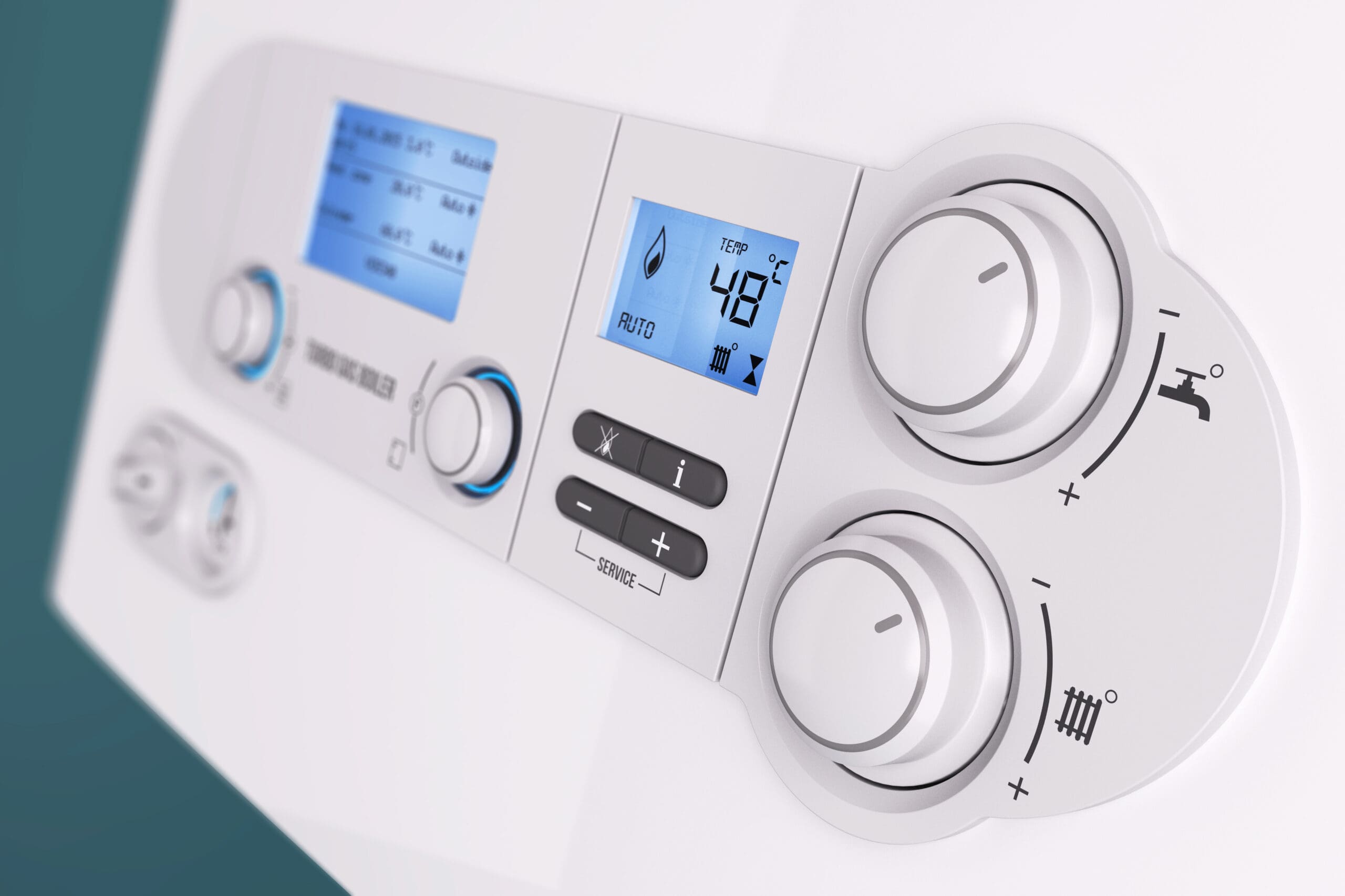 Close-up of a white digital water heater control panel with two circular knobs and a small display screen. The screen shows settings like temperature at 48 degrees. There are icons for different functionalities and several buttons below the screen.