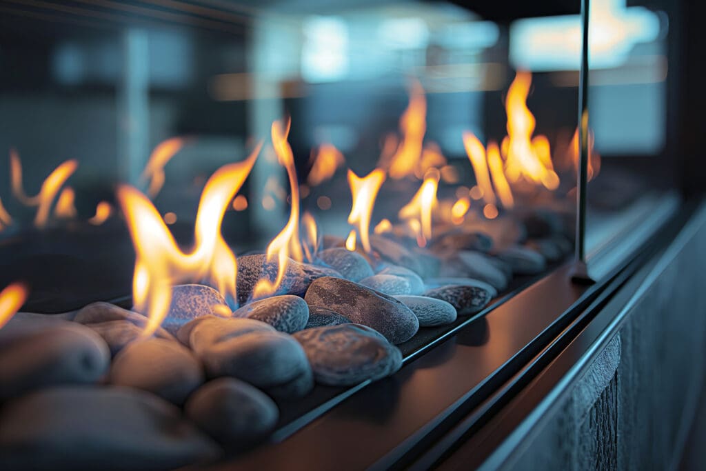 Decorative fire flames dance over smooth gray stones in a modern glass-enclosed fireplace, creating a warm and cozy ambiance. The background is softly blurred, highlighting the vibrant orange and yellow hues of the flames.