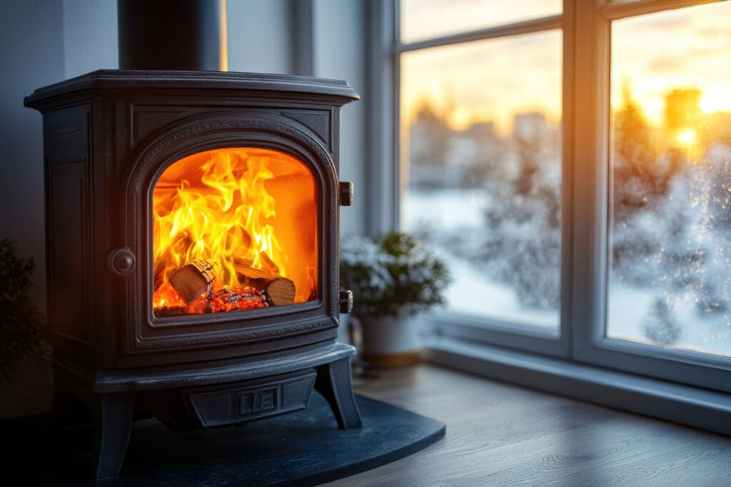 A cozy wood-burning stove with a bright fire glows warmly inside a room. It's positioned next to a window, through which a winter landscape with snow-covered trees and a sunset sky is visible. A small potted plant sits on the floor.