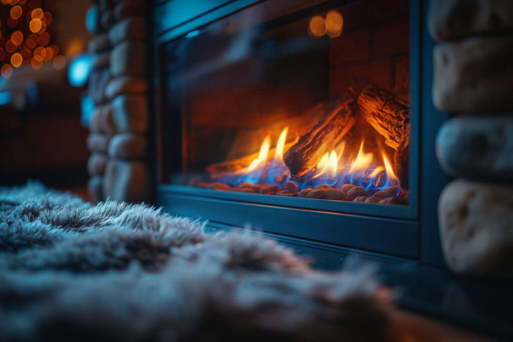 A cozy fireplace with a stone surround emits a warm glow. Blue and orange flames dance over the logs, and a fluffy gray rug lies in front. Soft, blurred lights can be seen in the background, creating a comforting ambiance.