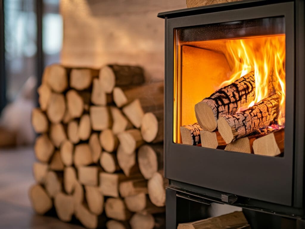 A black wood-burning stove with a glass front is aglow with flames and logs inside. In the background, there is a neat stack of chopped firewood. The setting is warm and inviting.