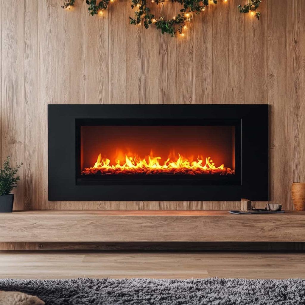 A modern electric fireplace with bright flames is set into a wood-paneled wall, with a wooden mantel below decorated with a plant and tray. String lights and greenery hang above, adding a cozy atmosphere.