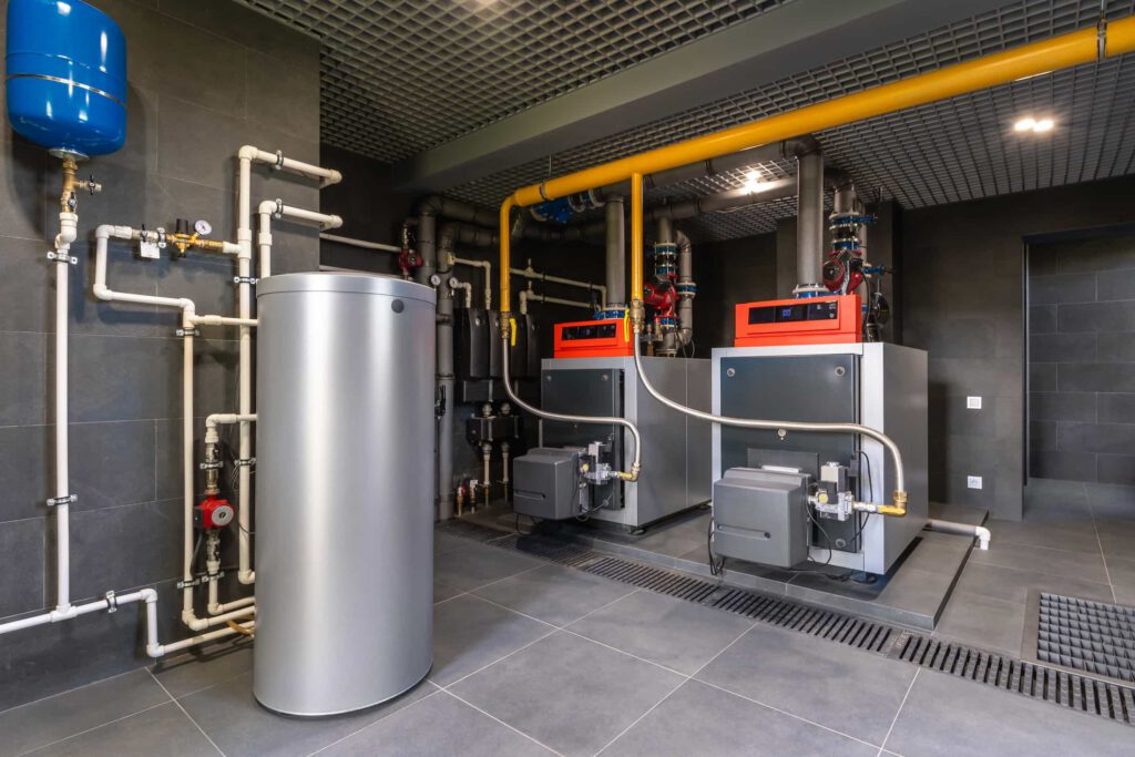 Modern boiler room with two large industrial boilers, a tall cylindrical water tank, various pipes, valves, and gauges on the walls, and a yellow gas line overhead in a clean, tiled space.