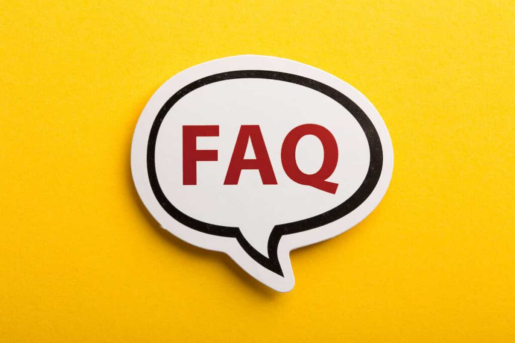 A white speech bubble with the red letters "FAQ" is centered on a bright yellow background.