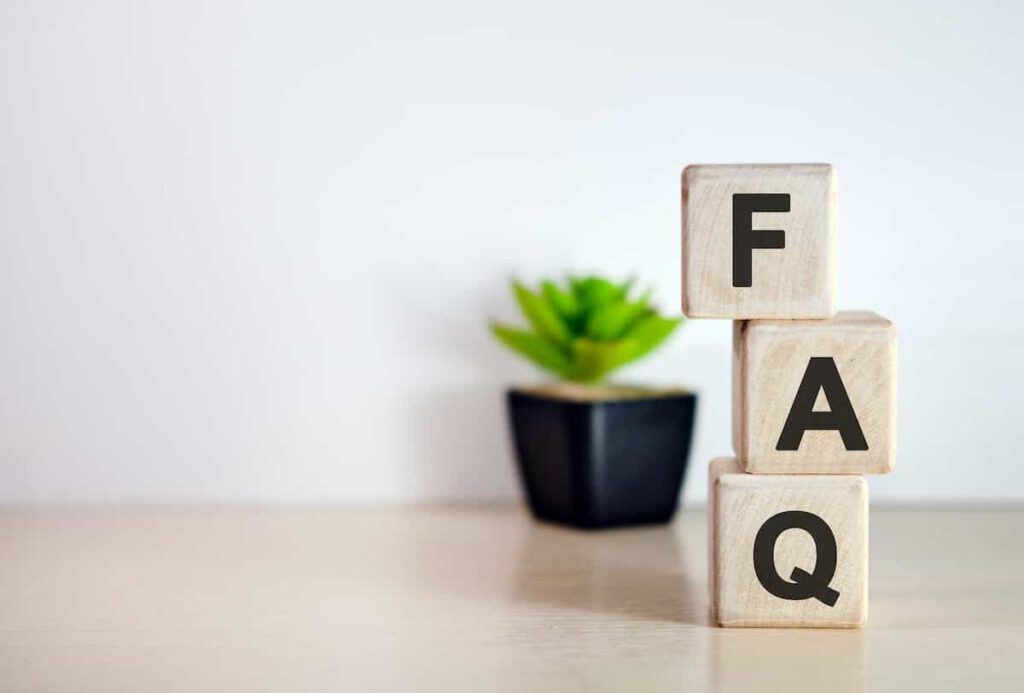 Three wooden blocks with the letters F, A, and Q stacked vertically on a light surface, with a small potted succulent plant in the background.