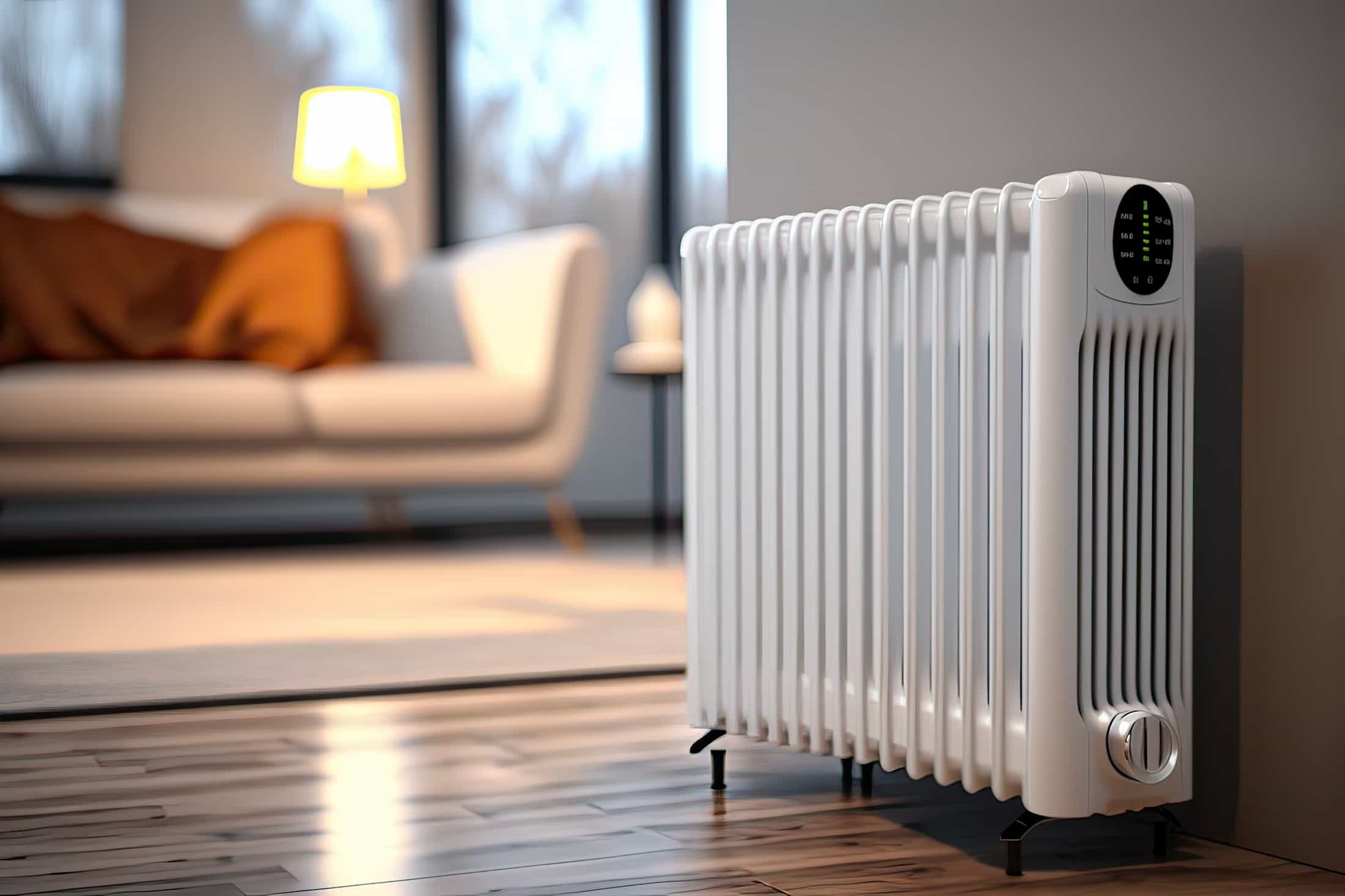 A white electric radiator with a digital display stands on a wooden floor in a cozy living room, with a modern sofa, a lit lamp, and large windows in the background.