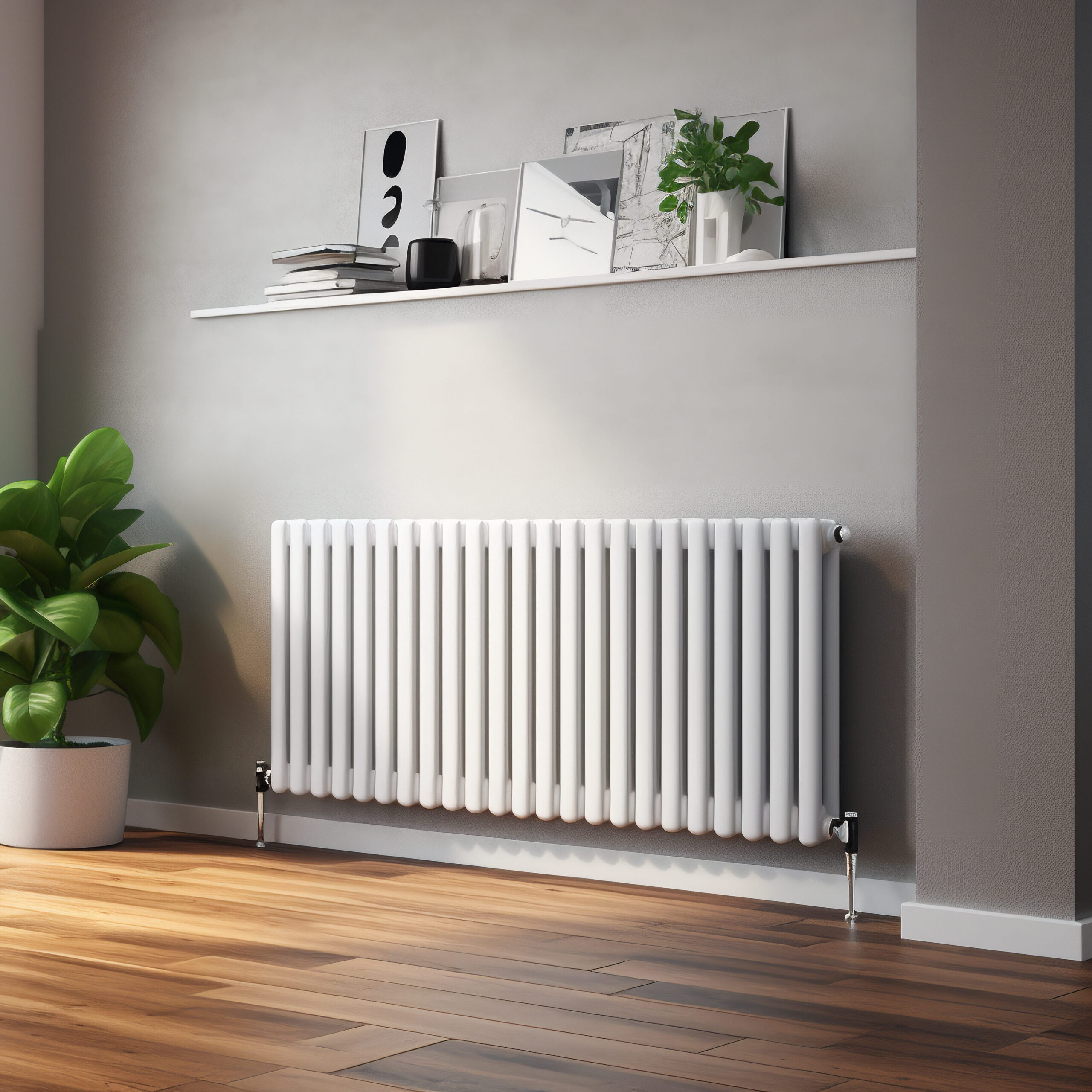A modern living room with a wooden floor, featuring a large window showing a garden. A white radiator is mounted on a gray wall beneath a floating shelf with decor, and a potted plant is placed nearby. Sunlight softly illuminates the space.