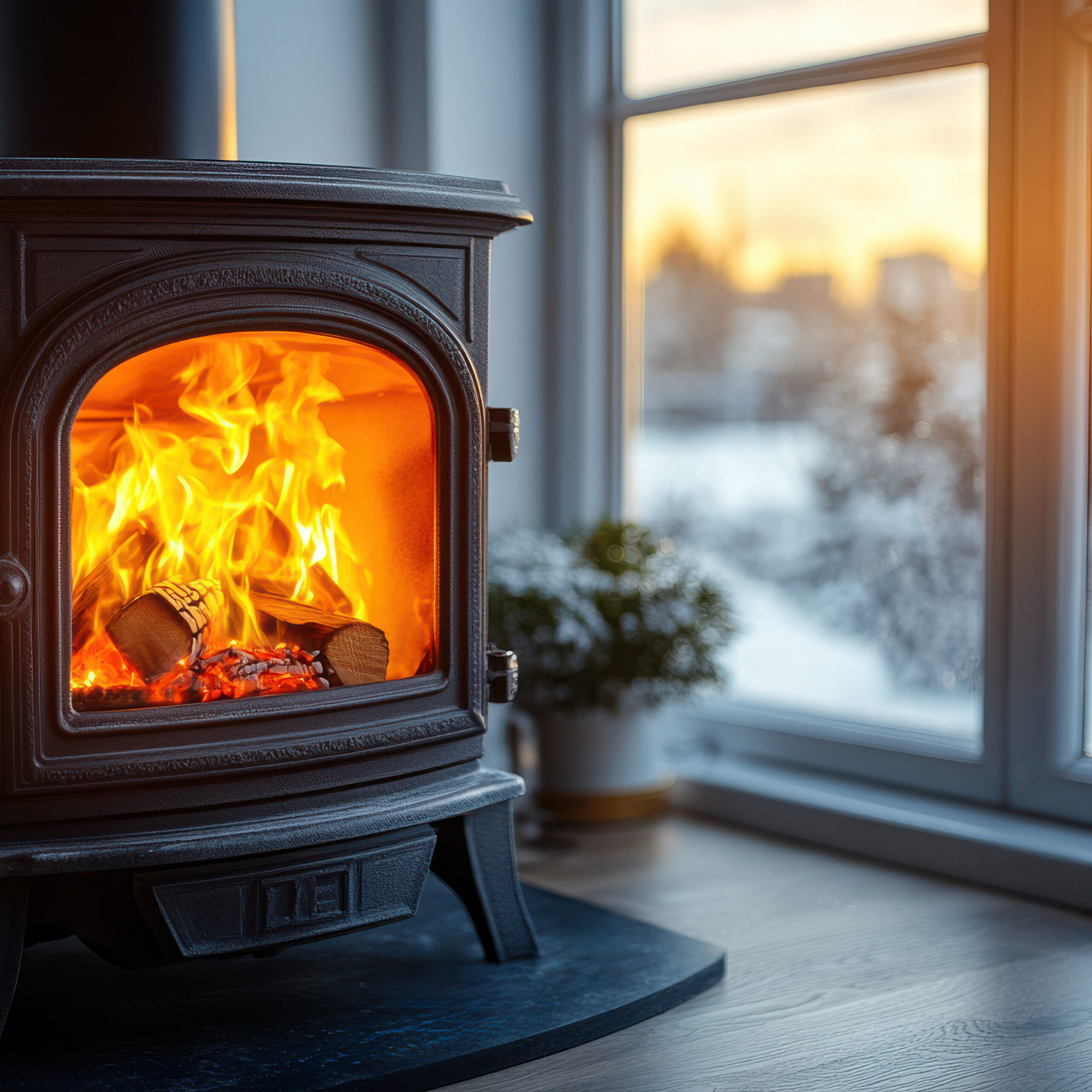 A cozy wood-burning stove with a bright fire glows warmly inside a room. It's positioned next to a window, through which a winter landscape with snow-covered trees and a sunset sky is visible. A small potted plant sits on the floor.