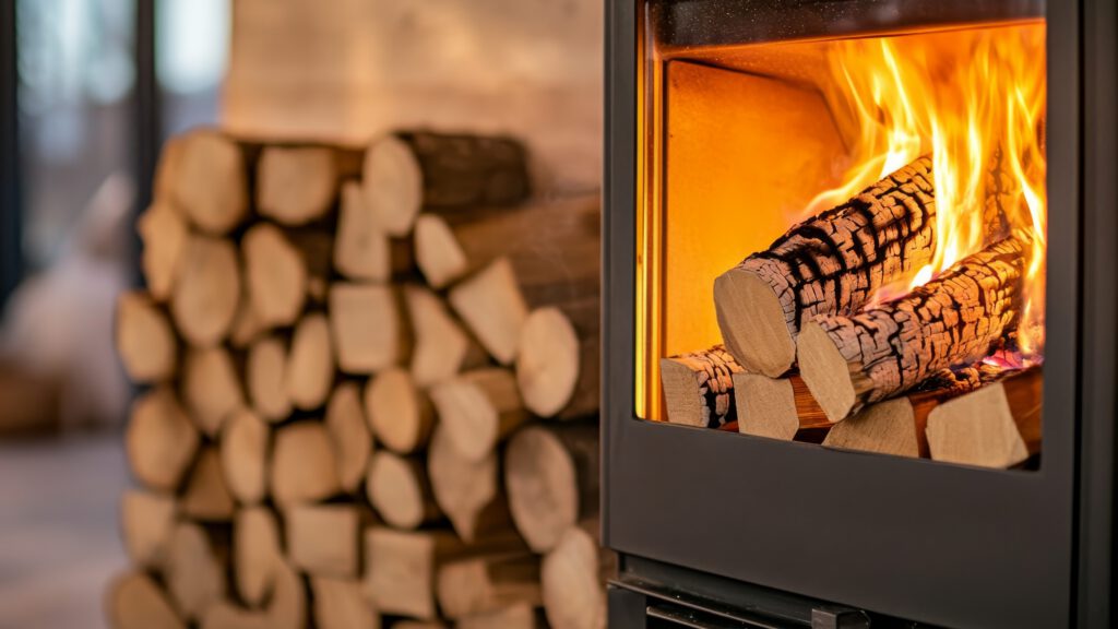 A black wood-burning stove with a glass front is aglow with flames and logs inside. In the background, there is a neat stack of chopped firewood. The setting is warm and inviting.