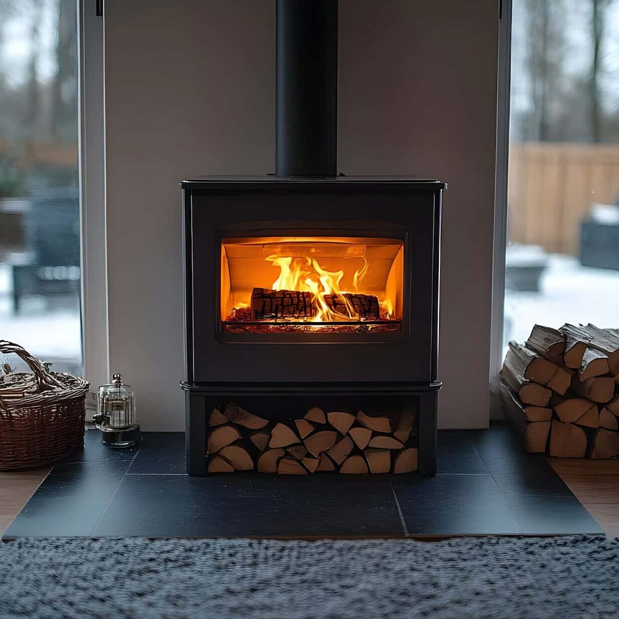 A modern wood-burning stove with a bright fire inside sits on a tiled hearth. Stacks of firewood are stored below and beside the stove. Large windows reveal a snowy outdoor scene.