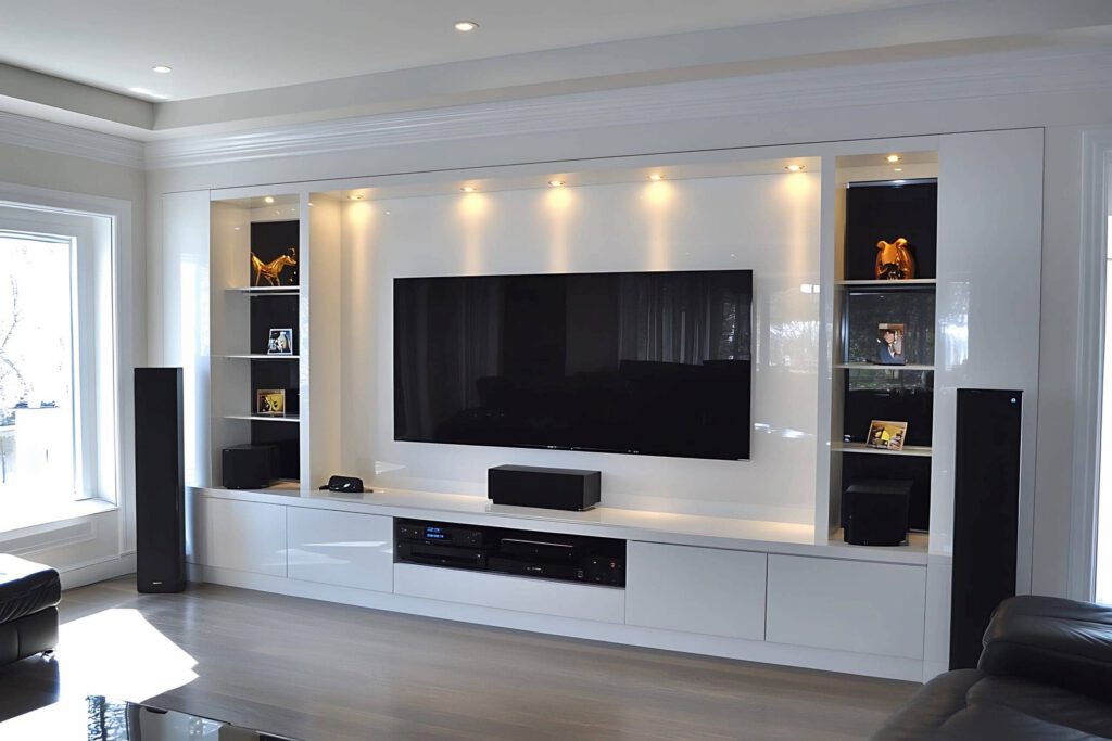 A modern living room entertainment unit with a large wall-mounted TV, black speakers, shelves with framed photos and decorative items, and white cabinetry beneath, all lit by recessed spotlights.